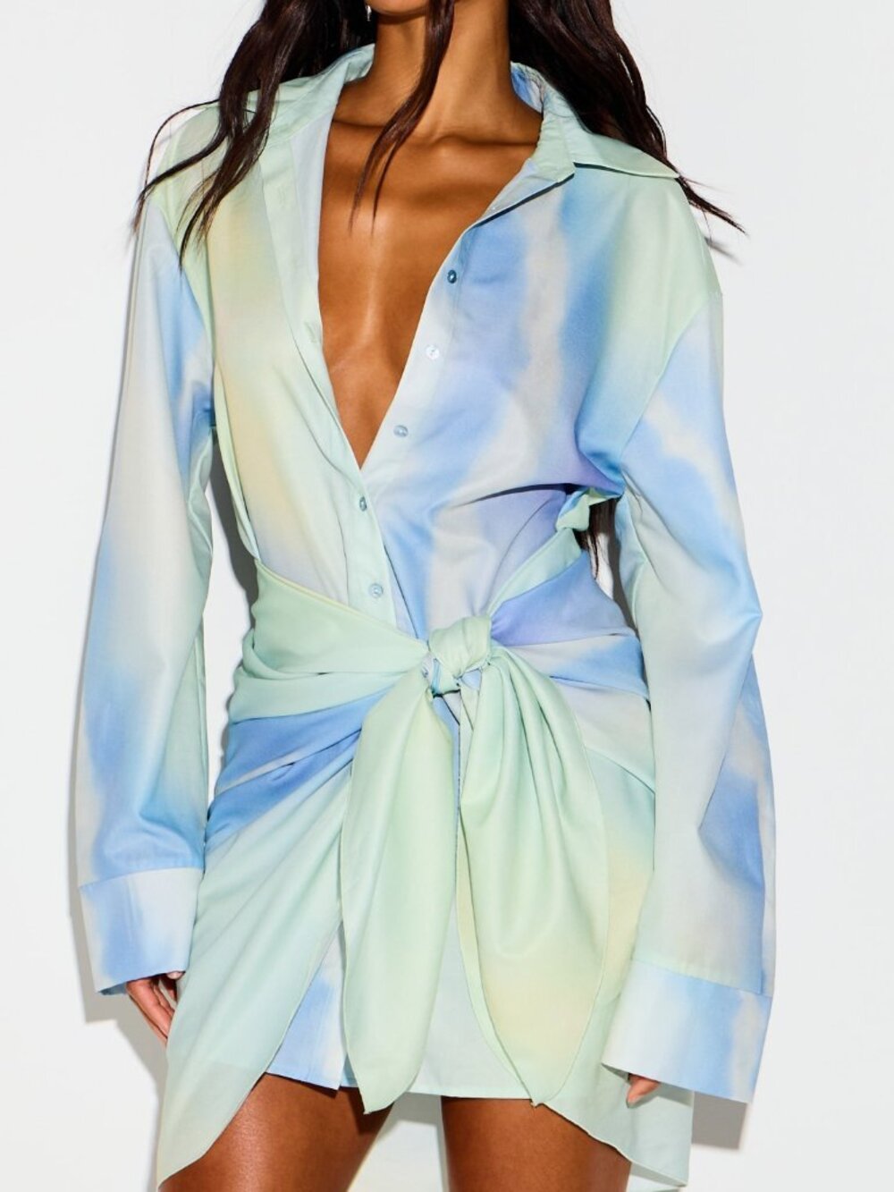 Yellow Casual Women's Tie-Dye Watercolor Shirt Mini Dress